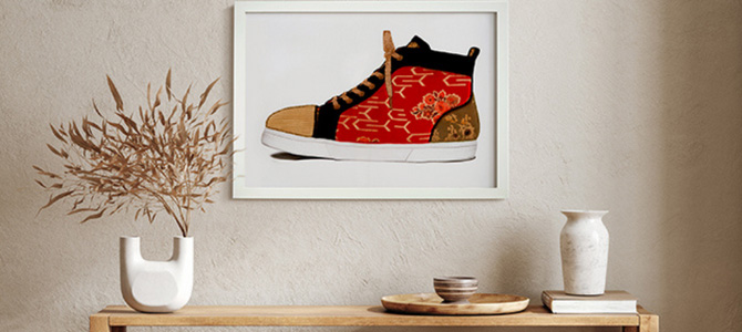 framed sneaker art in a bohemian living room