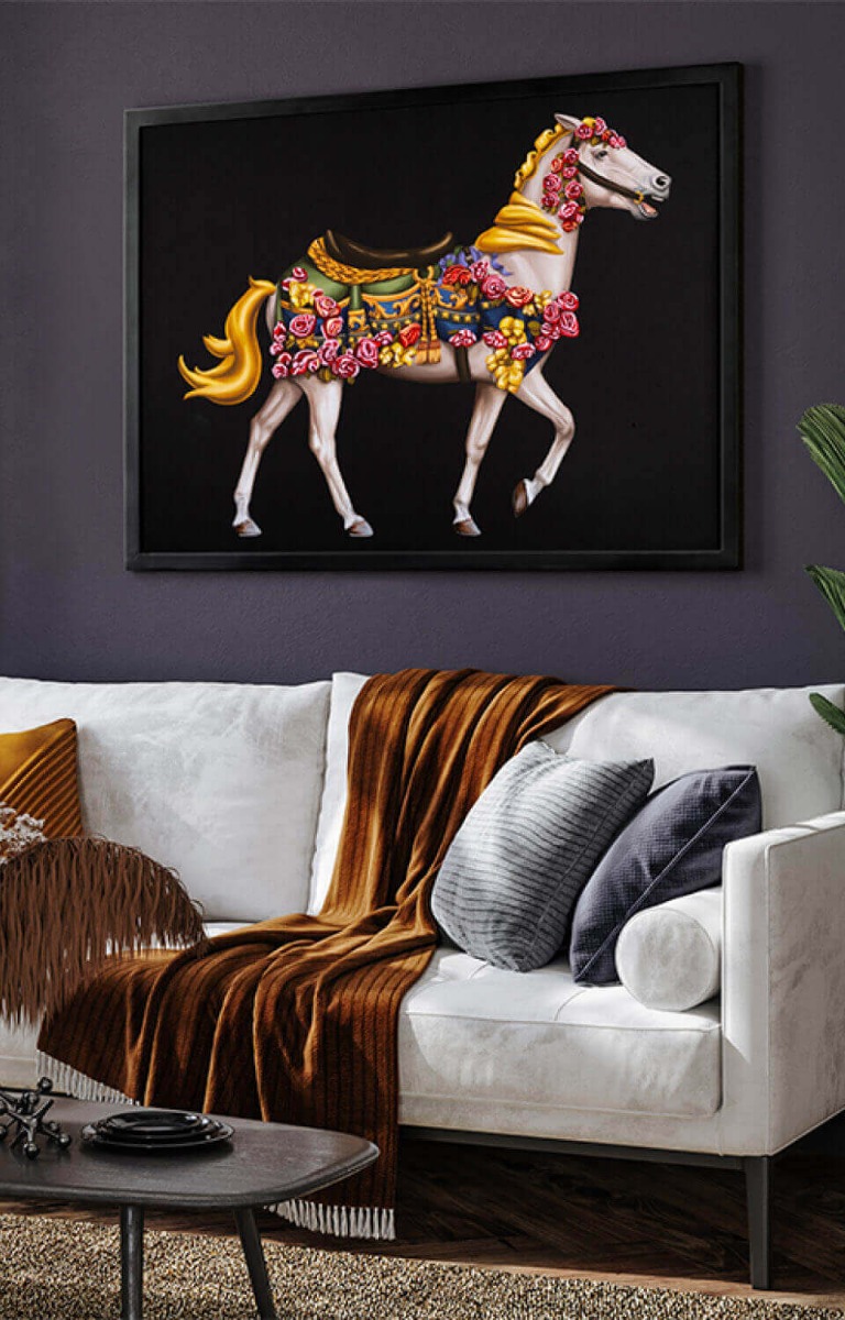framed horse wall wall in a dark living room